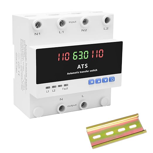 63A AC110V Automatic Transfer Switch with LED DisplayATS Dual Power Changeover Switch Over/Under Voltage &amp Overcurrent Protection 50/60Hz for Home Generatorwith Din Rail