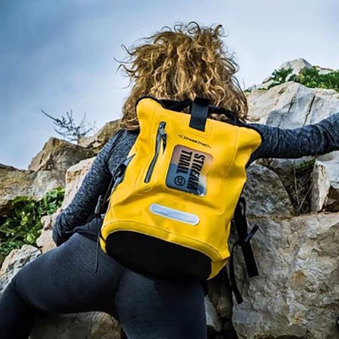 Stream Trail Waterproof Backpack 25L Heavy Duty Roll-Top Closure with Easy Access Front-Zippered Pocket and Cushioned Padded Back Panel for Comfort IPX6 Water Rsistance Dry Bag Yellow
