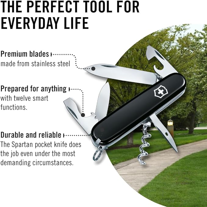 Victorinox Spartan Swiss Army Knife 12 Functions Swiss Made Pocket Knife with Corkscrew Can Opener and Screwdriver - Black