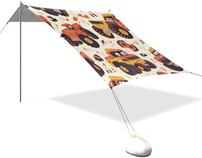 Hand Drawn Truck Car Pattern Cute Foldable Beach Tent UPF50+ Protection Water-Resistant Shade Sun Shelter with Carrying Bag for Camping Picnics Backyard