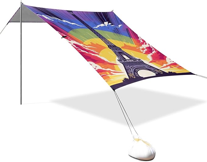 ALAZA Eiffel Tower Sunset Rainbow Beach Tent Sun Shelter UPF50+ Protection Beach Shade Canopy w/ 4 Sandbags for Outdoor Camping Fishing Backyard Fun Picnic 10x9 ft