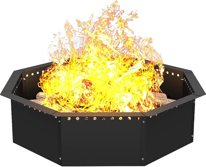 Mocomax Smokeless Fire Pit Ring 32-Inch Outer 28-Inch Inner Diameter Large Solid Steel Firepit Liner for Outside Wood Burning DIY Campfire Ring Above or In-Ground for Outdoor Octagonal
