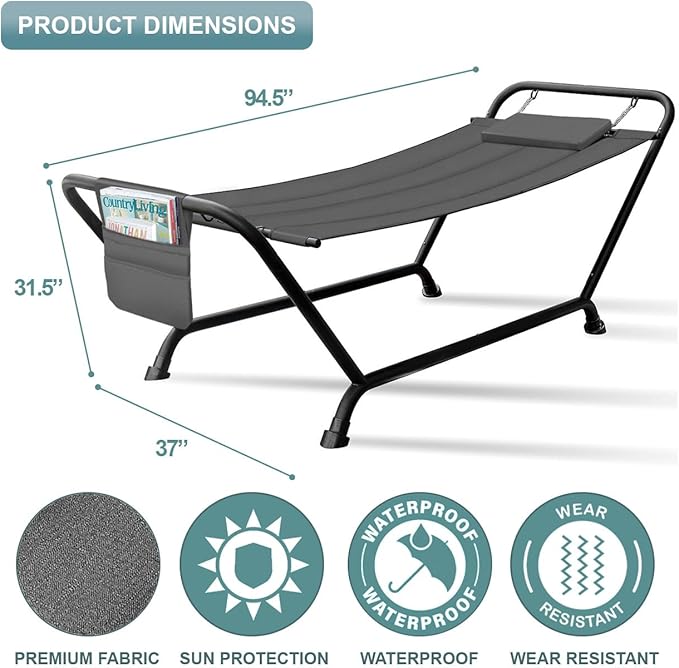 Sorbus Cozy Hammock Bed- Patio Hammock with Stand w/Pillow and Storage Pockets- Heavy Duty 500lbs Support- Durable Outdoor Hammock- For Patio Garden Backyard Poolside- Weather Resistant Outdoor Bed