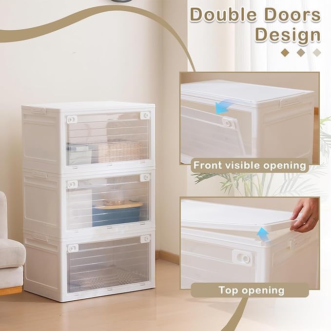 3-Tier 101QT Stackable Storage Bins with Lid Doors &amp Wheels Collapsible Plastic Organizer Bins for Closet Bedroom White