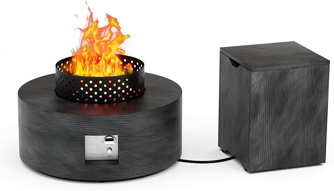2-Piece 30 Round Propane Fire Pit for Outside Patio with Hidden Tank Table 50000 BTU Fireplaces with Wind Guard Lid Glass Rocks Cover(Wood Grain Ebony)