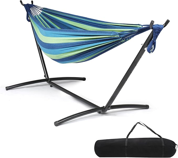 ONCLOUD Heavy Duty 550 LBS Double Hammock with Stand Included with Portable Carrying Bag Upgraded 2 Person Hammock with Frame for Outdoors &amp Indoors Series TDCTZ2 - Blue Green Stripe