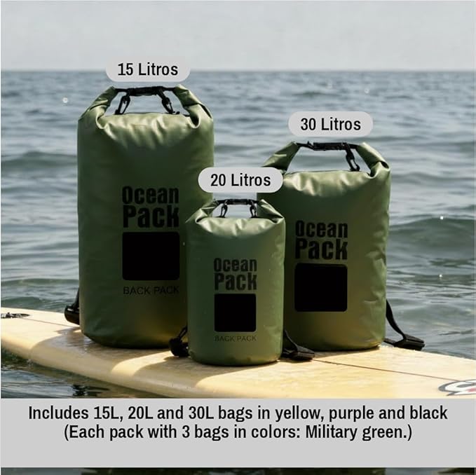 Waterproof Dry Bag Set of 3 (15L 20L 30L) - PVC Roll Top Dry Bags Waterproof - Backpack for Kayaking Camping Beach &amp Travel (Military Green)