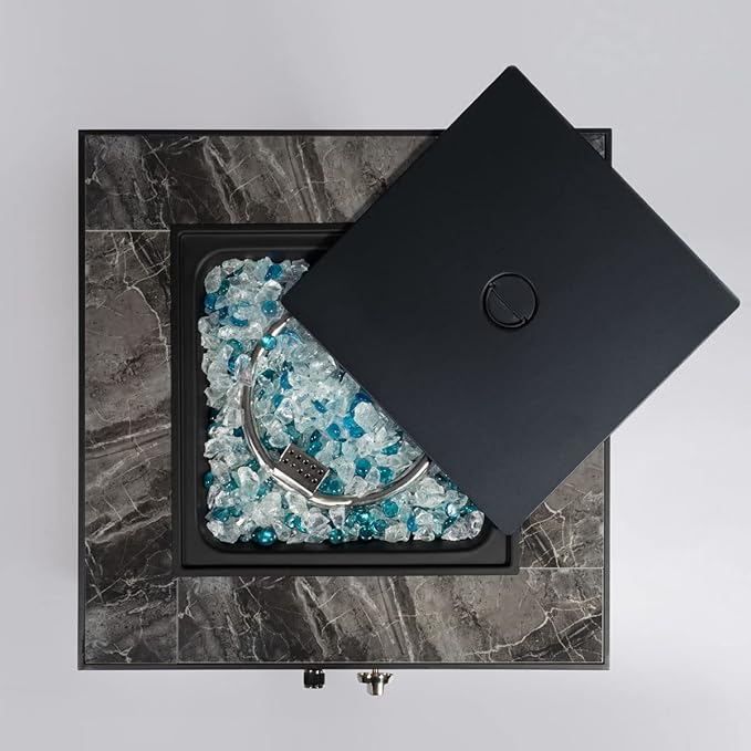 24in Outdoor Propane Gas Fire Pit Table 40000 BTU Auto-Ignition Gas Firepit with Glass Wind Guard Marble Tile Tabletop Mixed Color Glass Rocks Brown PE Rattan