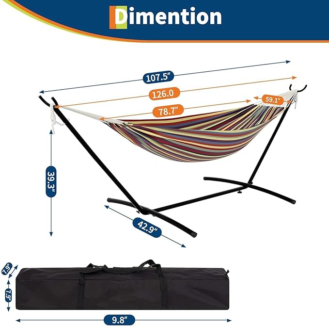 Double Hammock with Space Saving Steel Stand Carrying Case 450 Lb Capacity Hammock with Stand for Outside