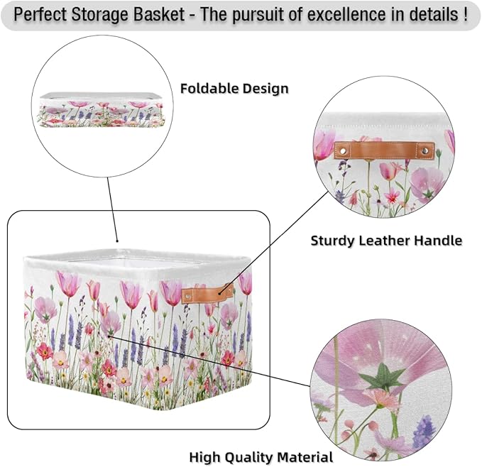 Pardick Basket Storage Bins Flower Floral Pink Rectangle Cube Basket Box Kids Girls Boys Toys Organizer Beaket Decor Foldable with Handle for Living Room Bedroom Closet Nursery Office Shelf Gifts