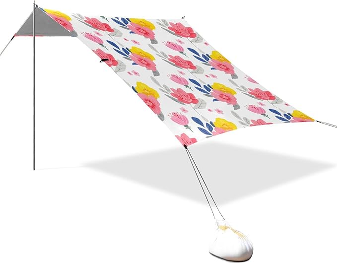 Beach Canopy with Windproof Ropes &amp Sandbags Beach Tent Sun Shade Sun Shelter for Camping Trips Fishing Backyard Fun or Picnics Flowers