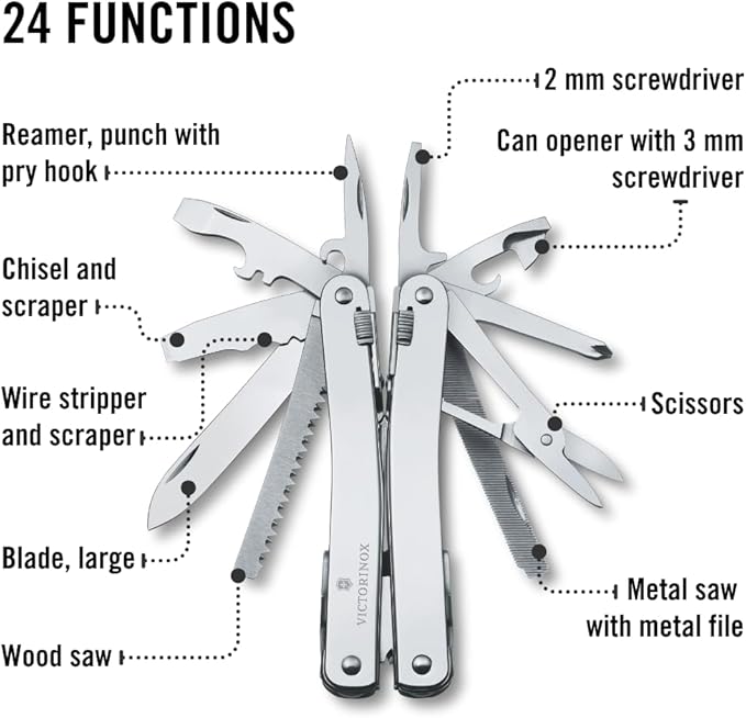 Victorinox Swiss Tool Spirit X Multi Tool 24 Function Swiss Made with Locking Blade and Long-Nosed Pliers and Leather Pouch - Silver