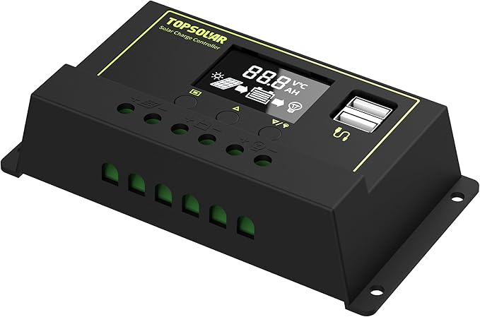 TOPSOLAR 20A 12V/24V PWM Solar Charger Controller w/ LCD Display for AGM Gel LiFePO₄ and Flooded Battery.