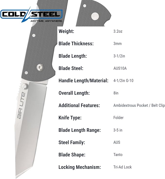 Cold Steel Air Lite 3.5 AUS10A Tanto Point Blade 4.5 G-10 Handle Everyday Carry Compact Pocket Folding Knife w/Tri-Ad Lock