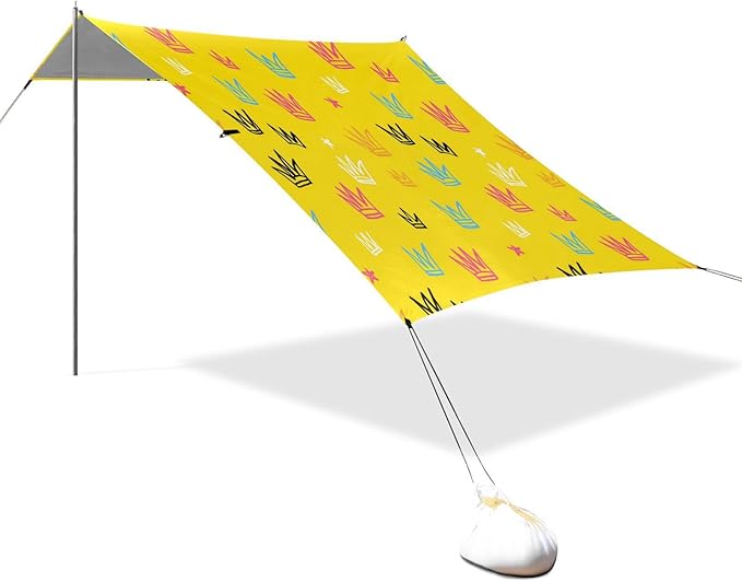 xigua Crowns and Stars Beach Tent Sun Shelter with Carrying Bag - Silver Coated Oxford Fabric Beach Canopy for Beach Camping Fishing - Includes Windproof Ropes Sandbags &amp Stakes