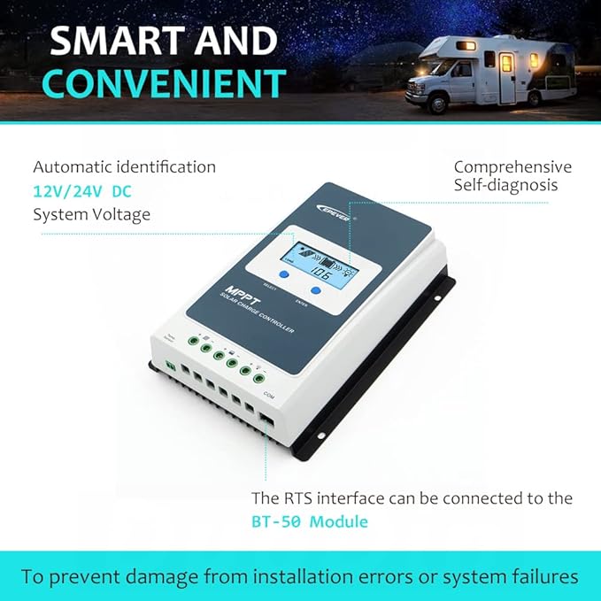 EPEVER 20A Solar Charge Controller MPPT Solar Panel Charge Controller 12V / 24V Auto Working Max PV 100V with LCD Display for Gel Flooded Sealed Lithium Batteries