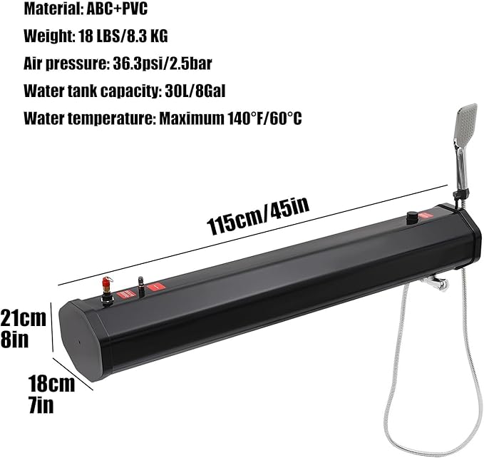 8 Gallon Pressurized Water Tank Camping 45in Roof Rack Shower for Overlanding Water Storage for Overland Off-Road Vehicles Pick-up Trucks