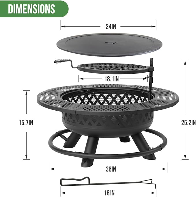 36 Inch Fire Pit with GrillWood Burning Fire Pits for Outside with Lid&amp Fire PokerRound Metal Firepit Table 3 in 1 with Cooking GrateOutdoor Firepits for Yard Patio Bonfire Camping(Black)