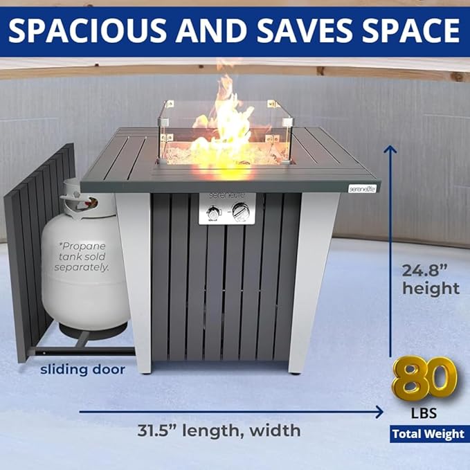 SereneLife Propane Fire Pit Table with Sturdy Metal Gas Pits with 50000 BTU and Stainless Steel Fire Pan Includes Decorative Glass Rocks Weather Cover CSA Certified for Outdoor Fireplaces