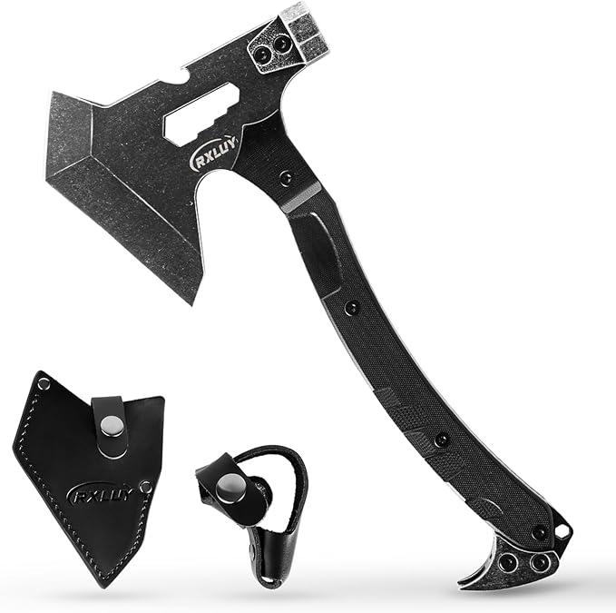 Tactical Axe with G10 Handle Camping Survival Hatchet Multifunctional Outdoor Hiking Heavy Duty Full Tang Tomahawk Tools with Hammer Unique Design Crowbar Leather Sheath (Black)