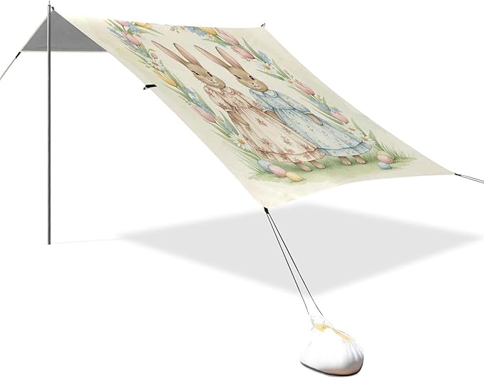 xigua Easter Bunny Beach Tent Sun Shelter with Carrying Bag - Silver Coated Oxford Fabric Beach Canopy for Beach Camping Fishing - Includes Windproof Ropes Sandbags &amp Stakes