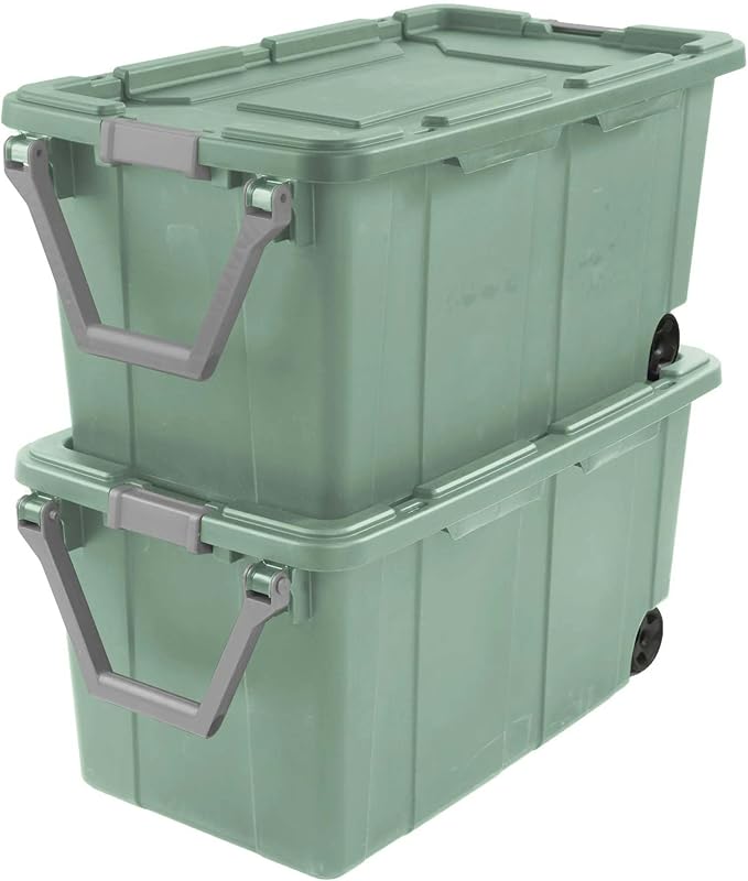 40 Gallon Wheeled Industrial Tote Rugged Plastic Storage Bin Latch Lid Light Green 2 Count