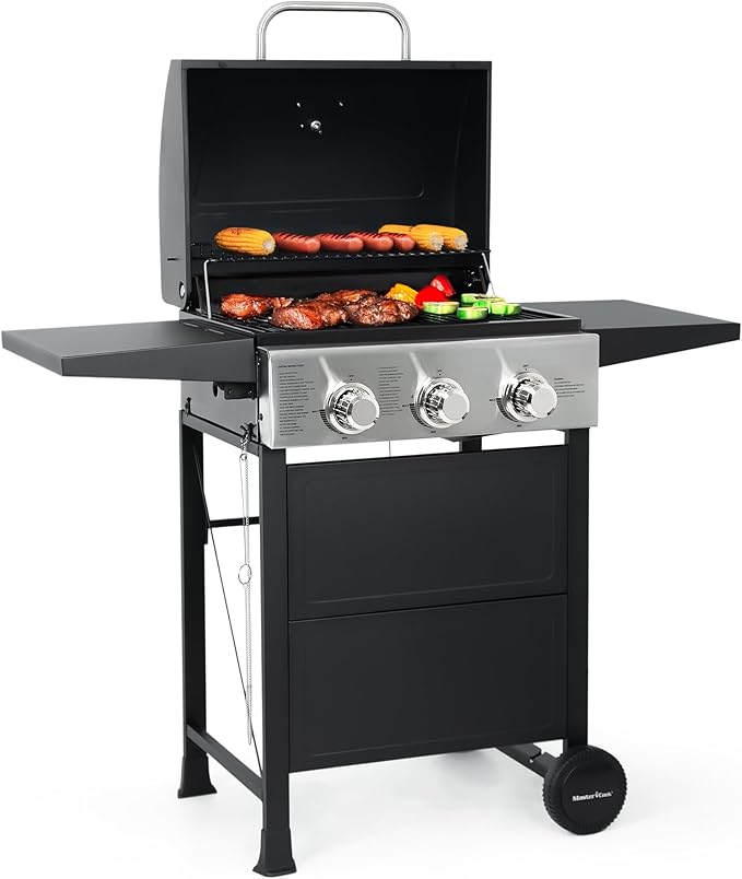 MASTER COOK 3 Burner BBQ Propane Gas Grill 472 Sq. In. Cooking Area 30000 BTU Stainless Steel Barbecue Grill with Two Foldable Shelves for Outdoor Patio Backyard