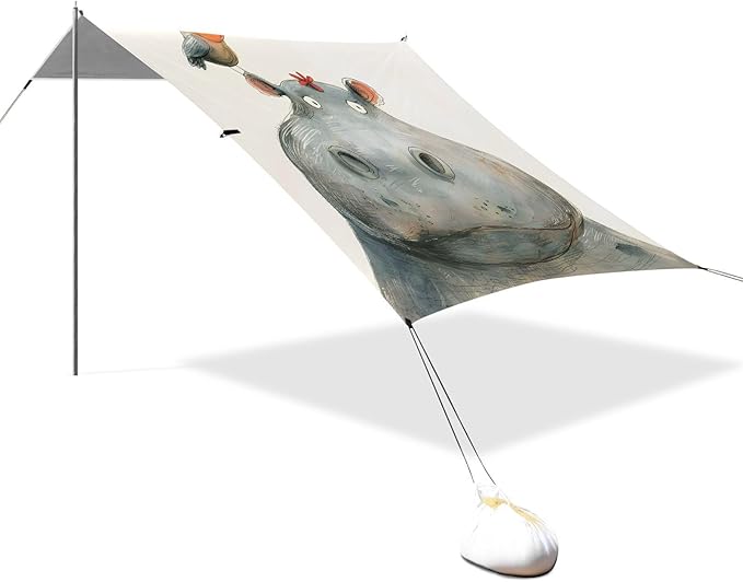 ALAZA Hippo Hippopotamus Bird Beach Tent Sun Shelter UPF50+ Protection Beach Shade Canopy w/ 4 Sandbags for Outdoor Camping Fishing Backyard Fun Picnic 10x9 ft