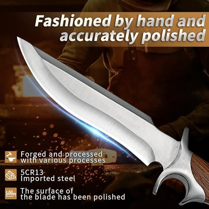 12.2 Fixed Blade Outdoor Knife 9Cr18 Stainless Steel Hunting Knife with Damascus Pattern Ergonomic Wood Handle &amp Embossed Leather Sheath Survival Utility Tool for Camping Hiking &amp Fishing