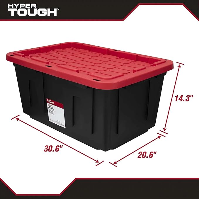 27 Gallon Industrial Storage Tote with Snap-On Lid Black and Red Plastic Bin 28.5 x 19.6 x 15.5 Inches 4 pack (4 red)
