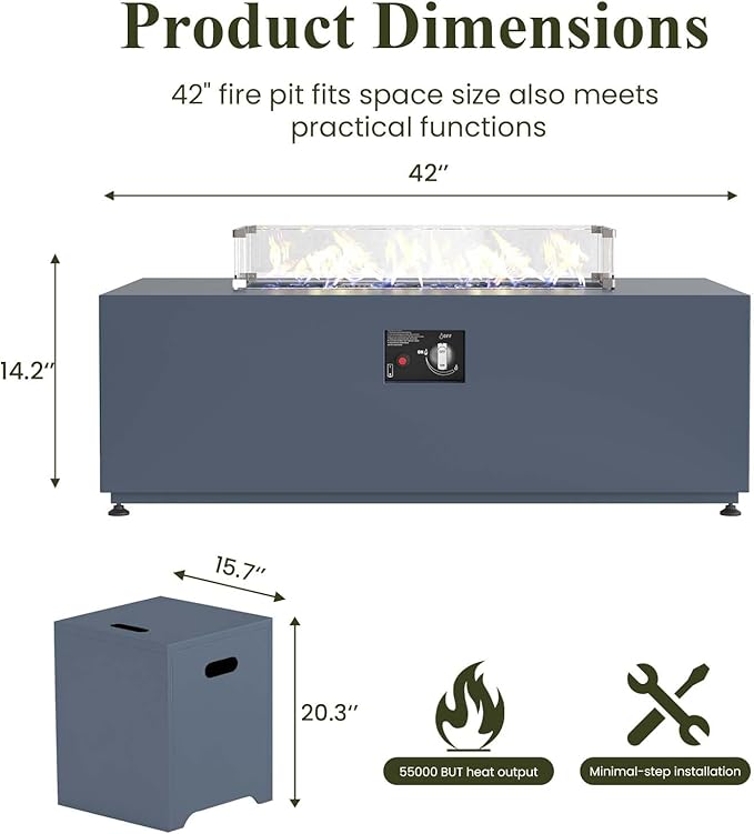 LayinSun 42 Inch Outdoor Fire Pit Table for Outside Patio 55000BTU Rectangle Propane Firepit with Hidden Fuel Tank Glass Wind Guard Waterproof Cover and Lid