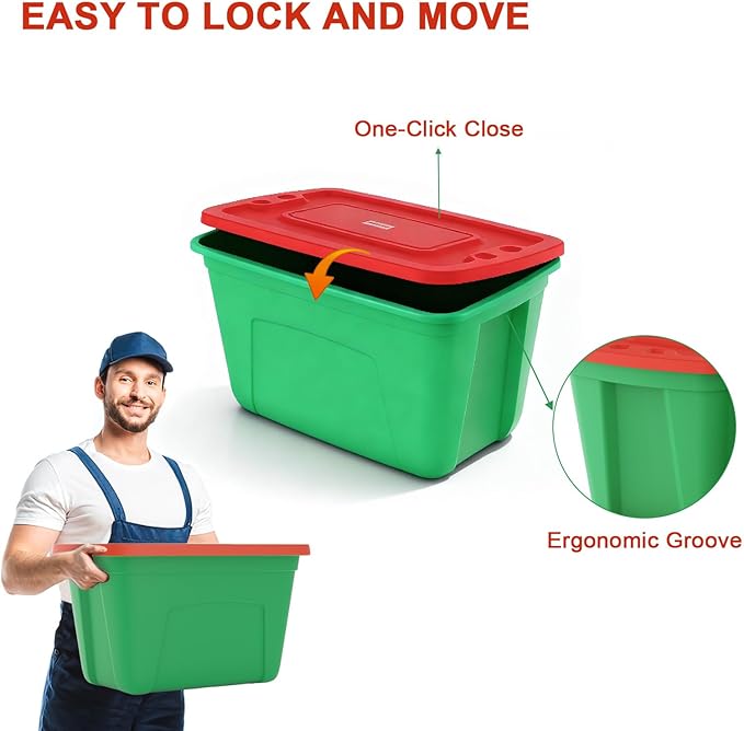4-Pack Christmas Storage Totes with Lids - Made in USA 18-Gallon(72-Quart)Red Storage BinsHoliday OrganizerPlastic Stackable Large Storage Boxes for HomeOfficeGarageBasement Red/Green