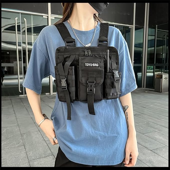 Waist Pack Men's Chest Bag Outdoor Travel Tooling Vest Belt Bag Adjustable Strap Lightweight Crossbody Backpack (black)