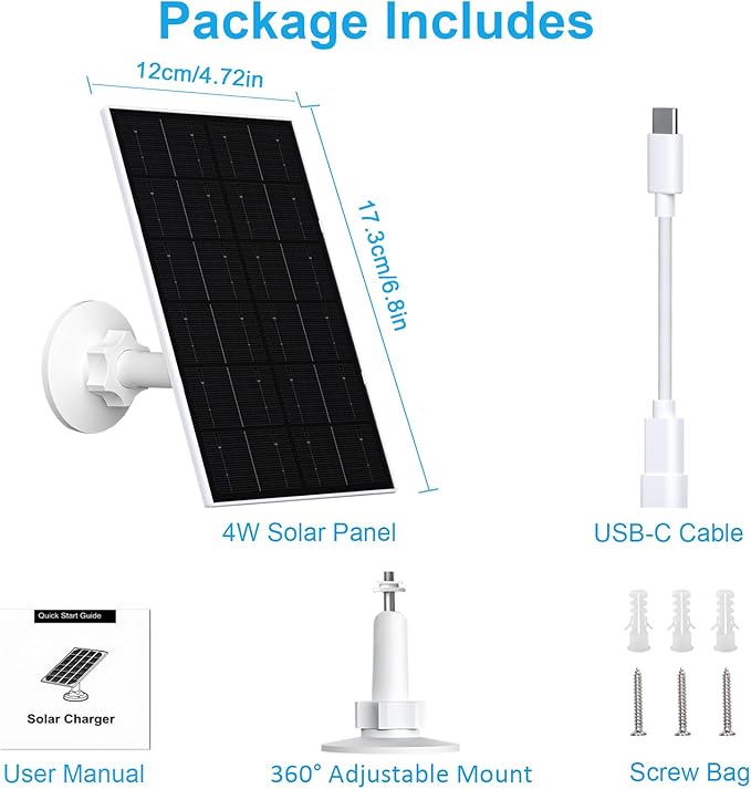 4W Solar Panel for WYZE Camera USB-C &amp Micro USB Adapter 9.8ft Cable IP66 Waterproof 360° Mount Compatible with WYZE Battery Cam Pro Outdoor Cam V1/V2 (1 Pack)