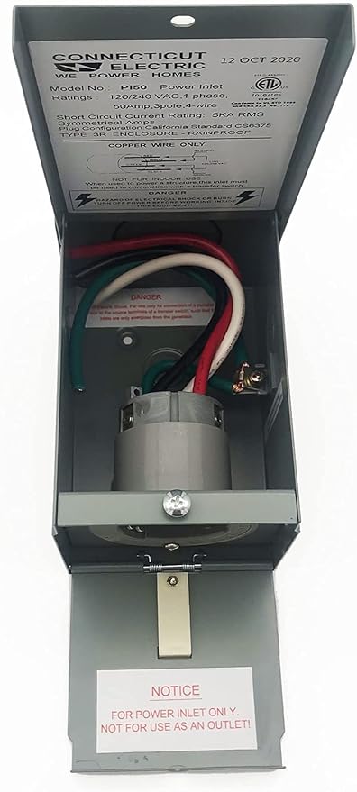 Connecticut Electric EGSPI50 50A Rainproof Generator Power Inlet Box with Cover CS6375 SS2-50P Receptacle Gray