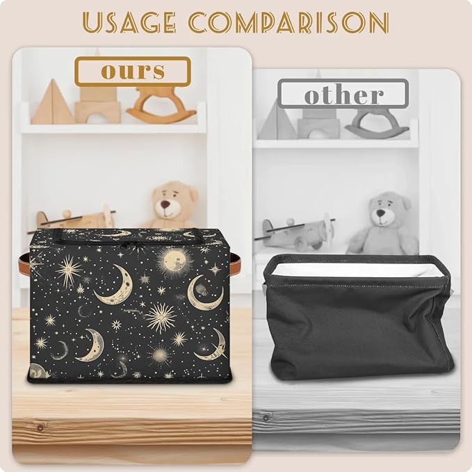 Black Moon Storage Bins with Zipper Lid 2pcs Stackable Storage Baskets Boxes with Metal Frame Closet Storage Cube Bin Organizer with PU Handles Clothes Storage Bag