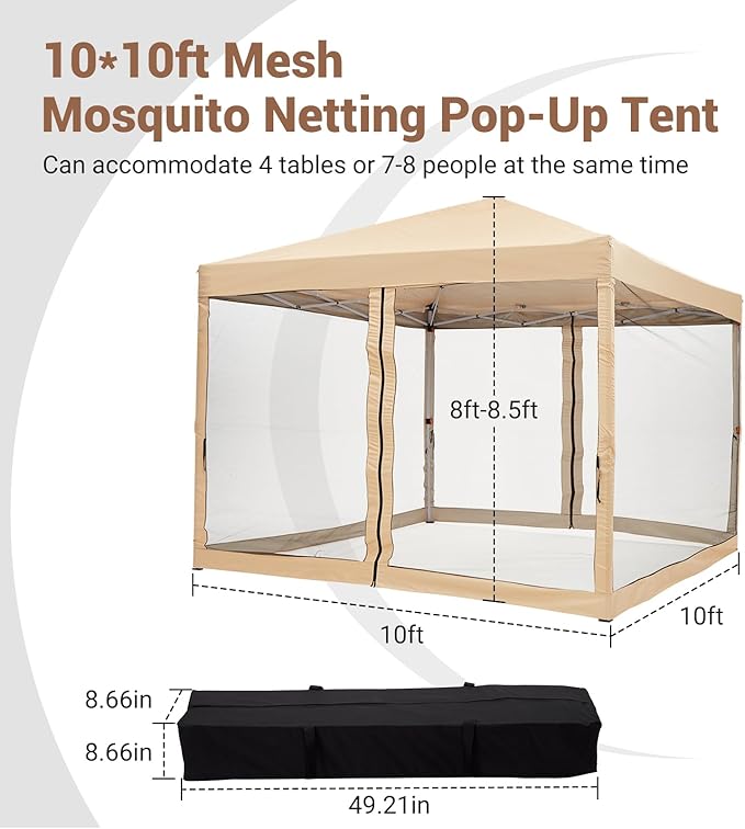Quick Setup Pop Up Canopy Tent 10x10ft – Waterproof Outdoor Shade Gazebo Mesh Mosquito Netting Sidewalls Portable Shelter for Camping Patio Beach Parties Events