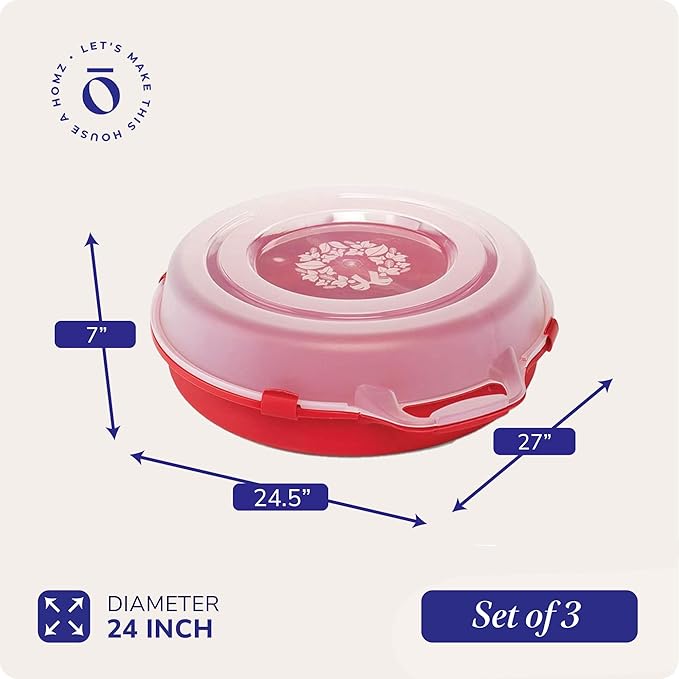 HOMZ 3-Pack 24 Inch Seasonal Holiday Clear Plastic Wreath Storage Containers Red – Stackable Decoration Organizer Bins with Lids and Handles for Christmas Wreaths and Garlands