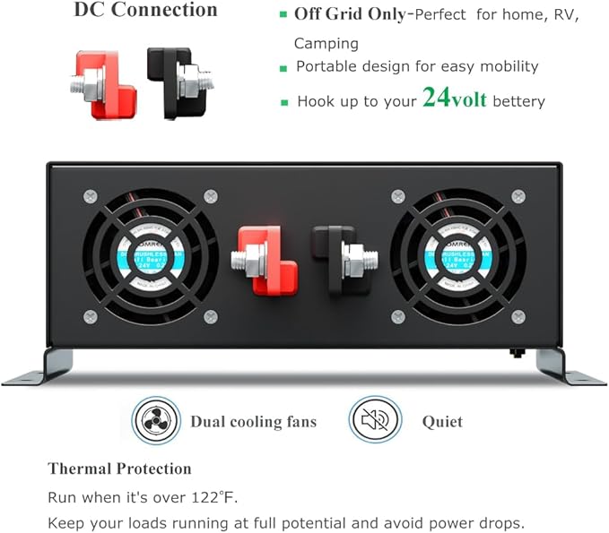 3000Watt Pure Sine Wave Power Inverter 24VDC to 120VAC 6000W Peak Built-in Soft Starter Dual AC Outlets 2× 2.4A USB Port &ampHardwire Terminal Off-Grid Solar Converter RV Trucks (U5-300024)