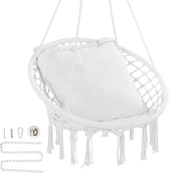 VEVOR Hanging Hammock Swing Chair 330 lbs Capacity Macramé Hanging Chair with Cushion and Mounting Hardware Cotton Rope Swing Chair for Bedroom Balcony Patio Garden White
