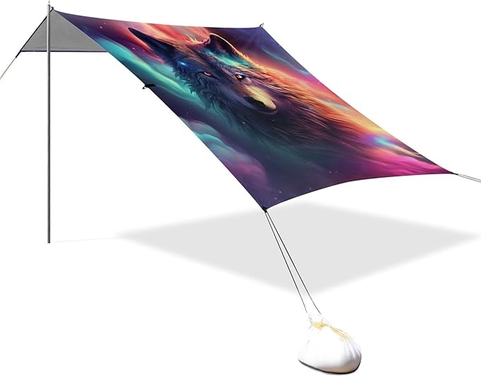 ALAZA Wolf Nebula Beach Tent Sun Shelter UPF50+ Protection Beach Shade Canopy w/ 4 Sandbags for Outdoor Camping Fishing Backyard Fun Picnic 10x9 ft