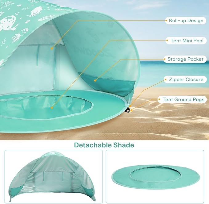 Zooawa Baby Beach Tent Pop Up Beach Tent Sun Shade for Beach Portable Shade Pool UV Protection Sun Shelter for Infant with Beach Sand Toys Set