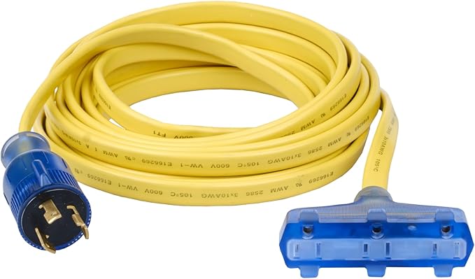 Pulsar 30AMP 125V Twist Lock Generator Flat Extension Cord (25 Feet) Three 15AMP Household 125V outlets LED Indicator Weather Resistant 10 Gauge Wire Portable Generators for Home use