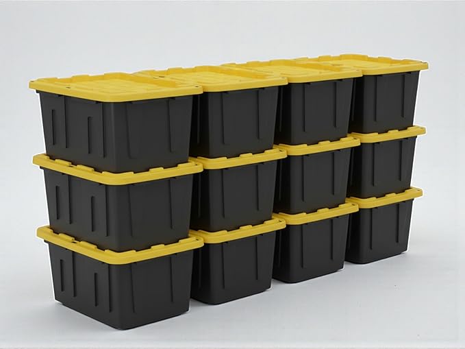 Heavy-Duty Storage Tote with Lid Black and Yellow 27 Gallon 30.6 W x 20.6 D x 14.3 H (12 PACK)