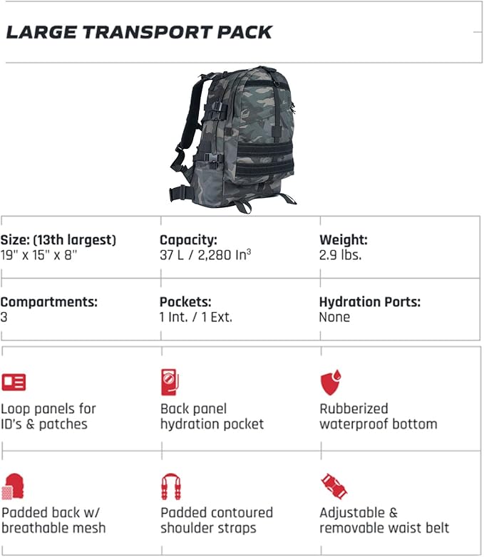 FOX OUTDOOR PRODUCTS Large Transport Pack | 37L Tactical Backpack with Compression Straps Hydration Pocket &amp Modular Webbing