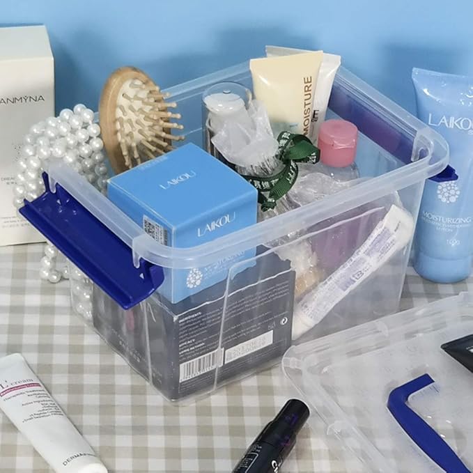 3L Plastic Storage Containers Set of 6 Latching Storage Bin with Handle (Blue handle)