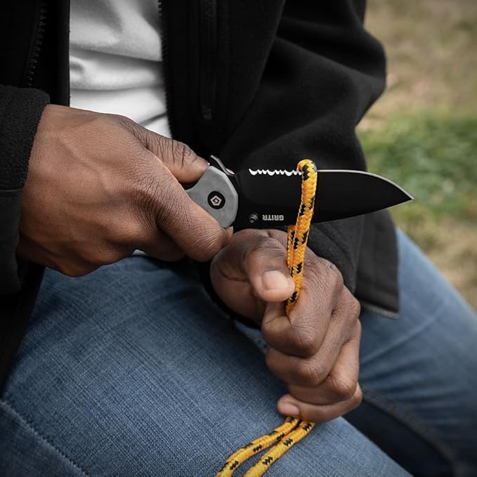 GRITR Stealth Folding Pocket Knife w/ 3.5 D2 Steel Blade for Military Hunting Camping Hiking – Gray Handle Partially-Serrated Blade with Black Titanium Finish
