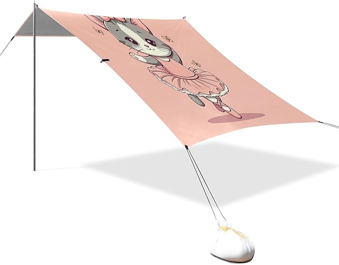 Cute Dancing Ballet Kitten Beach Tent Sun Shelter Set UPF50+ UV Protection 10.5 x 9.19 FT Camping Shade Canopy with Sandbags Sand Anchors Carrying Bag and Others