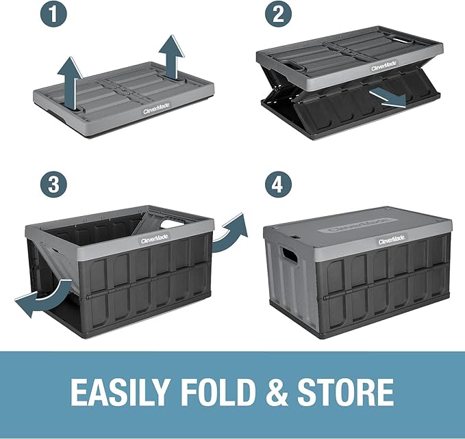 CleverMade Collapsible Storage Bins with Lids 62L – Heavy Duty Foldable Plastic Storage Crates for Garage Closet &amp Trunk Organization - Stone