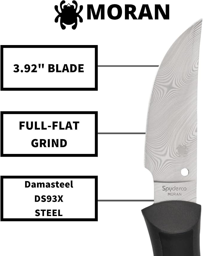 Spyderco Moran Upswept Gray Fixed Blade Knife - Damasteel DS93X with FRN/Kraton Handle PlainEdge - FB01PGYD